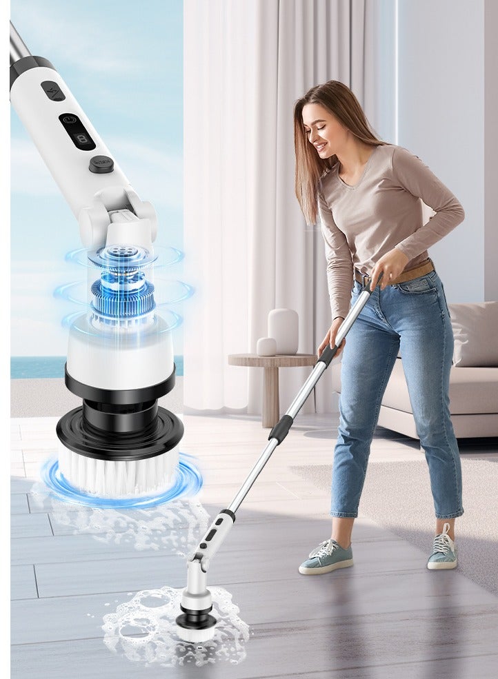 Electric Rotary Cleaning Brush, Cordless Shower Cleaning Brush. it Is Equipped With 9 Replaceable Brush Heads. The Electric Scrubber Has 2 Adjustable Speed Levels. There Is Also An Adjustable Extension Handle For The Bathroom. Lt Is Applicable To Various Scenarios Such As Bathroom And kitchen Cleaning, Corners Of The House, Sofas, Etc.