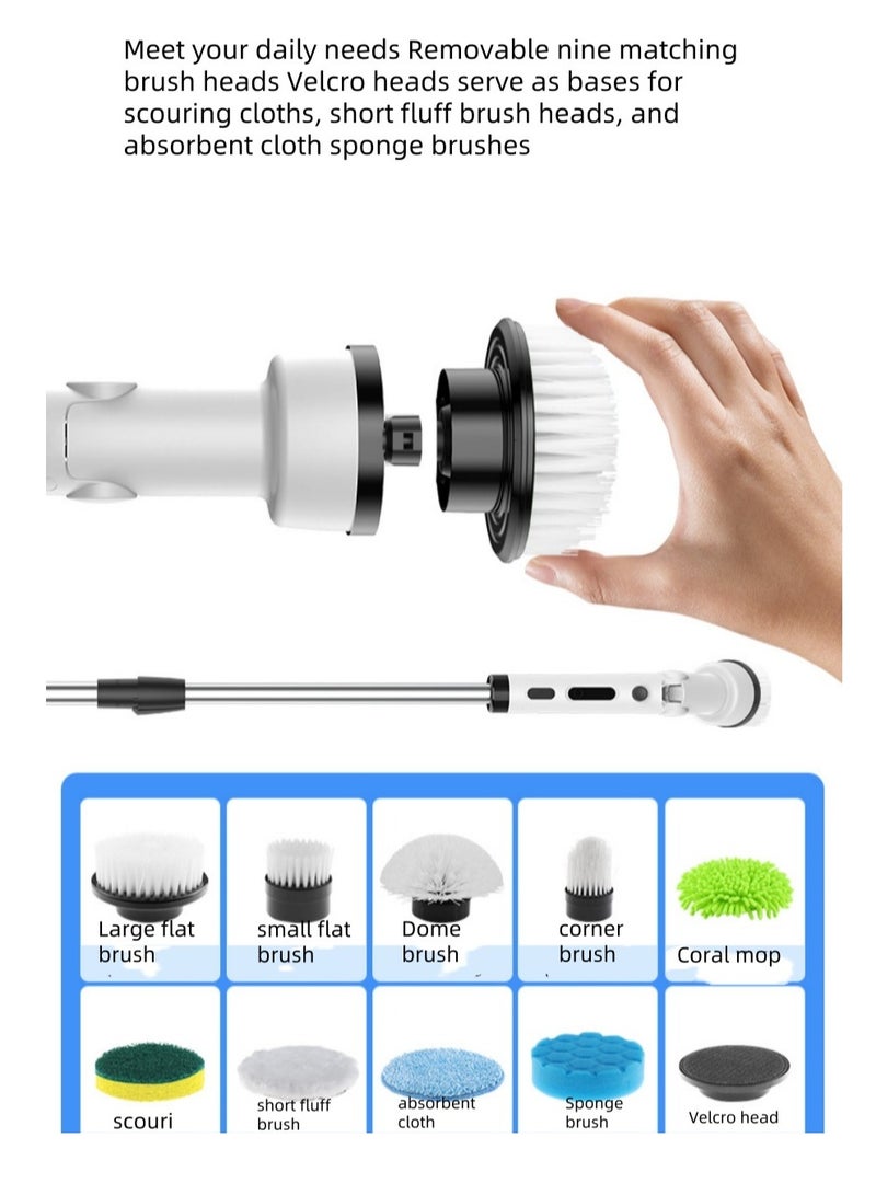 Electric Rotary Cleaning Brush, Cordless Shower Cleaning Brush. it Is Equipped With 9 Replaceable Brush Heads. The Electric Scrubber Has 2 Adjustable Speed Levels. There Is Also An Adjustable Extension Handle For The Bathroom. Lt Is Applicable To Various Scenarios Such As Bathroom And kitchen Cleaning, Corners Of The House, Sofas, Etc.