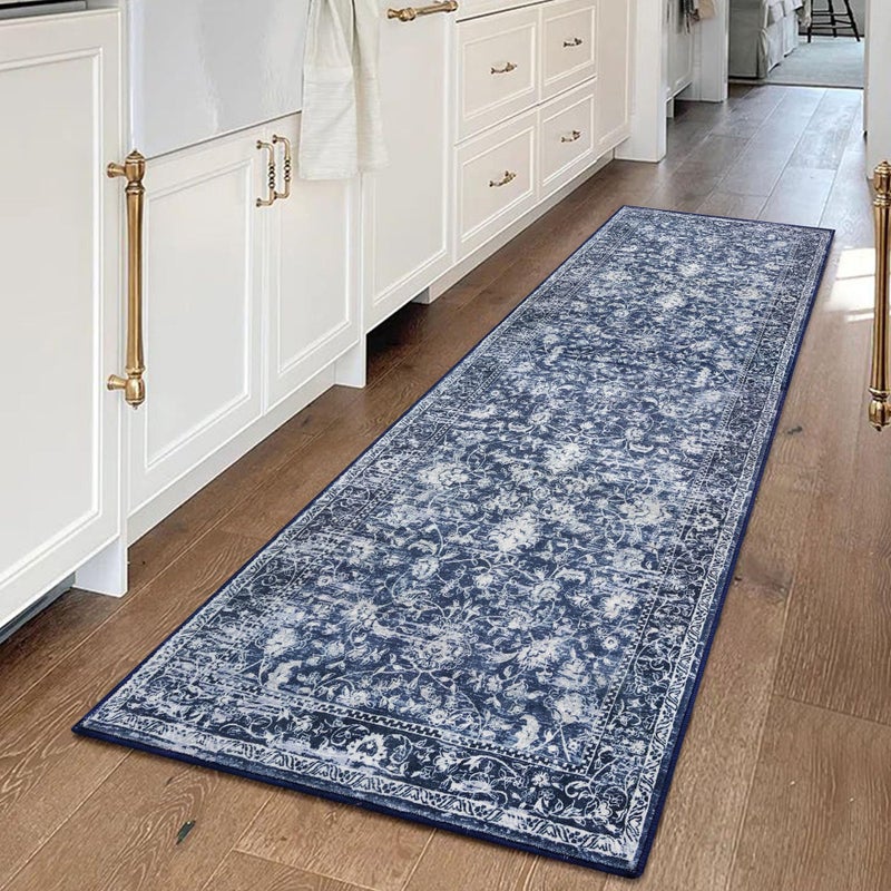 KILOCOCO Hallway Runner 2x5 Printed Vintage Floral Washable Kitchen Runner Rug Non-Slip Runners for Hallways Distressed Boho Runners for Bedroom Laundry Room, Navy Blue - Image 1
