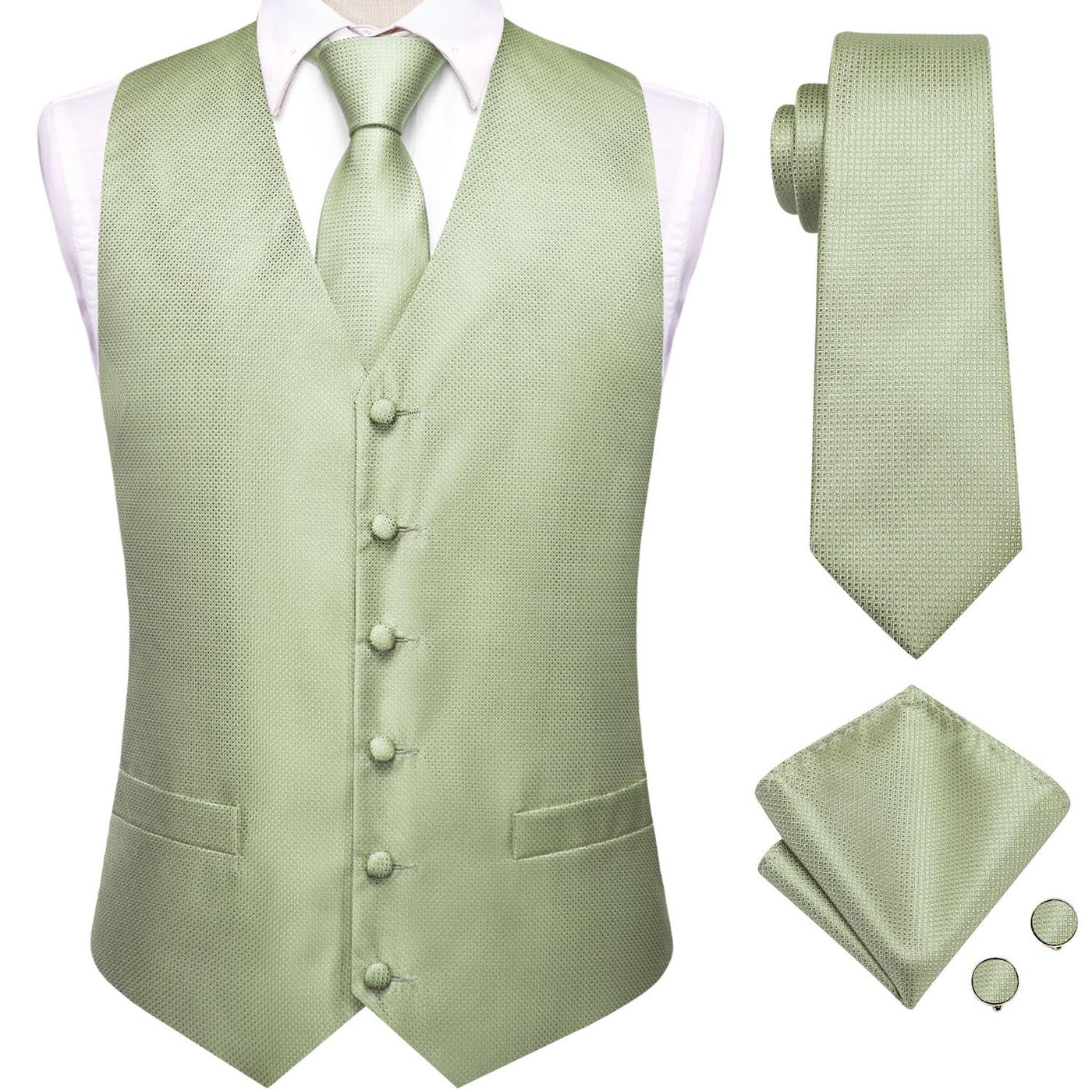 Hi-Tie Mens Silk Suit Vest and Tie Handkerchief Set Jacquard Formal Dress Waistcoat For Wedding Party Tuxedo,Mint Green,X-Large