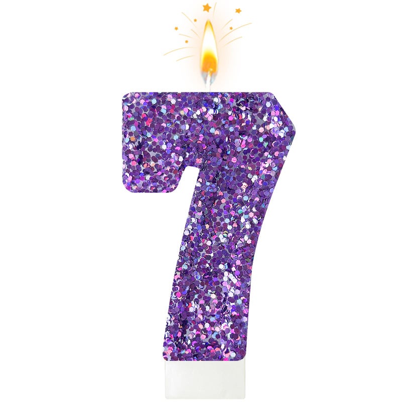 Zailo Birthday Number Candles, Glitter Number Candle Cake Decorations with Sequins, Cupcake Decorations for Girls, Women, Party Anniversary Celebrations (Number 7, Purple) - Image 1