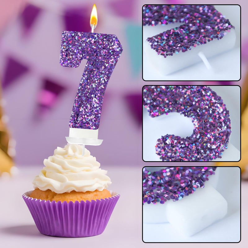 Zailo Birthday Number Candles, Glitter Number Candle Cake Decorations with Sequins, Cupcake Decorations for Girls, Women, Party Anniversary Celebrations (Number 7, Purple) - Image 3