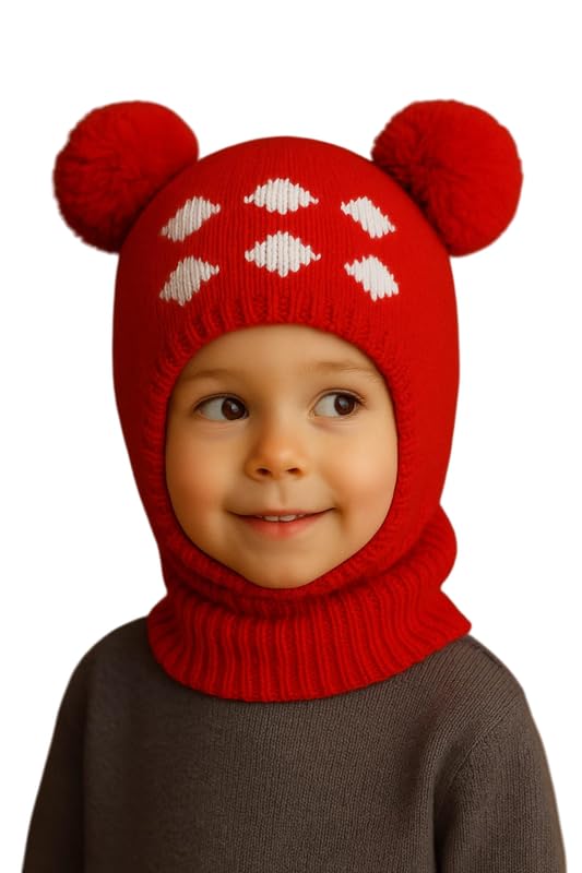 Krystle Kids Winter Knitted Balaclava Hat with Pom Poms | Warm Woolen Ski Mask for Boys & Girls (Red,1-4 Years) - Image 1