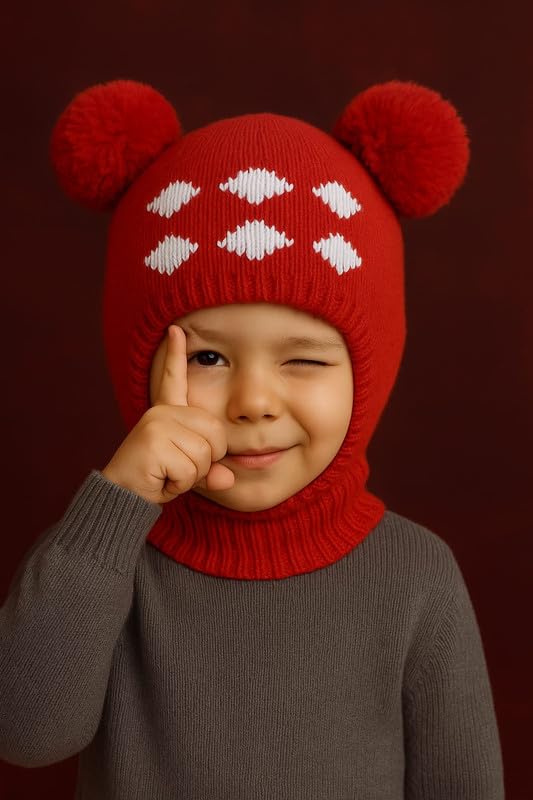 Krystle Kids Winter Knitted Balaclava Hat with Pom Poms | Warm Woolen Ski Mask for Boys & Girls (Red,1-4 Years) - Image 3