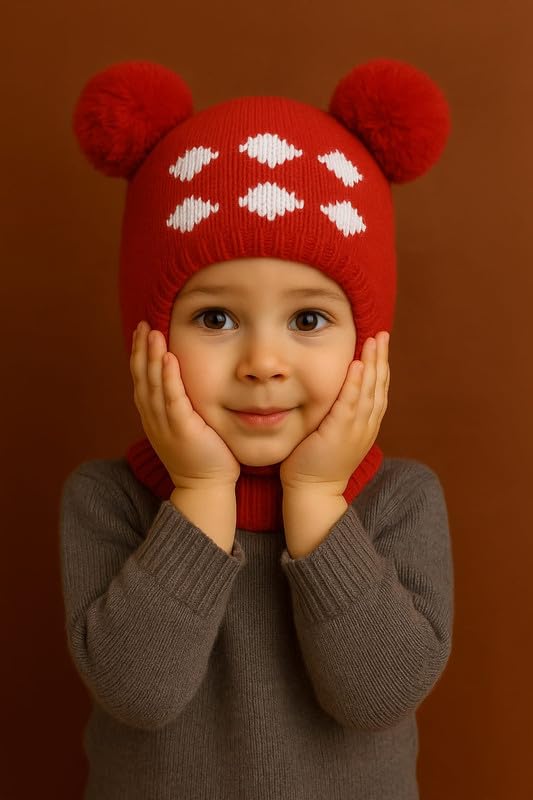 Krystle Kids Winter Knitted Balaclava Hat with Pom Poms | Warm Woolen Ski Mask for Boys & Girls (Red,1-4 Years) - Image 2