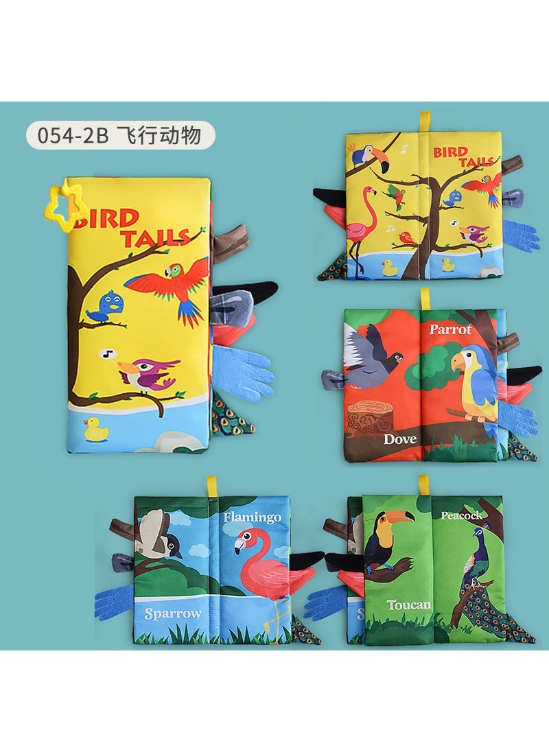 Infant Teething Tail Cloth Book for Ages 0-3 Flying animals 4 pages 8 faces with ringing paper tail cloth book BB is 55 grams of gum 