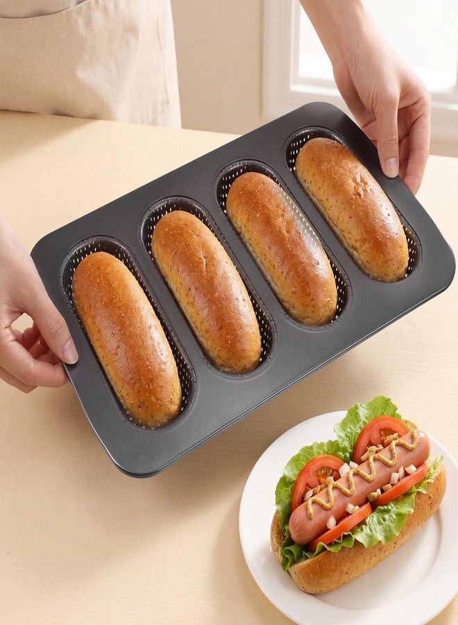 AojSup 2 Pcs Hot Dog Bun Pan, Perforated Carbon Steel Bread Loaf Pan, Nonstick & Heat Resistant Bread Forms Mini Baguette Baking Tray for Hot Dog Bun Rolls,Sub Roll Baking Pans - Image 5