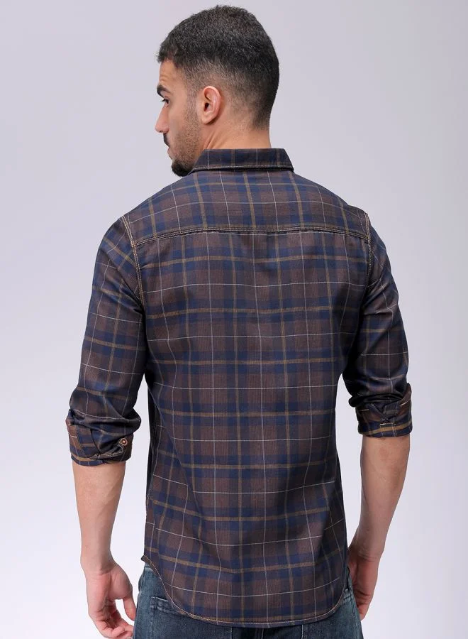 The Indian Garage Co Men Slim Fit Checkered Full Sleeves Cutaway Collar Casual Shirt