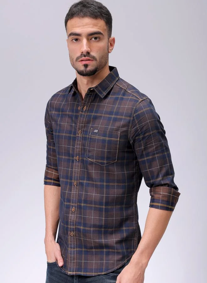 The Indian Garage Co Men Slim Fit Checkered Full Sleeves Cutaway Collar Casual Shirt