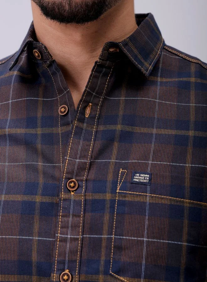 The Indian Garage Co Men Slim Fit Checkered Full Sleeves Cutaway Collar Casual Shirt