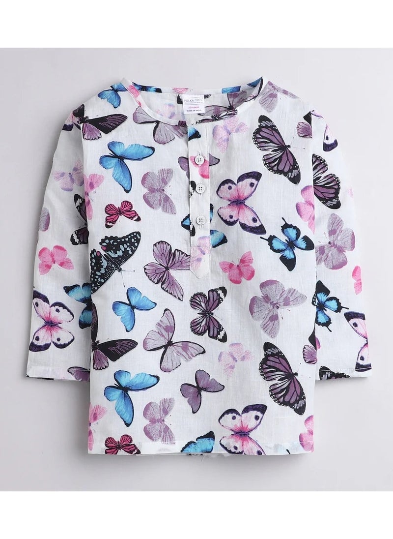Polka Tots Polka Tots Full Sleeves Night Wear Butterfly Kurta Pyjama - White  - Image 1