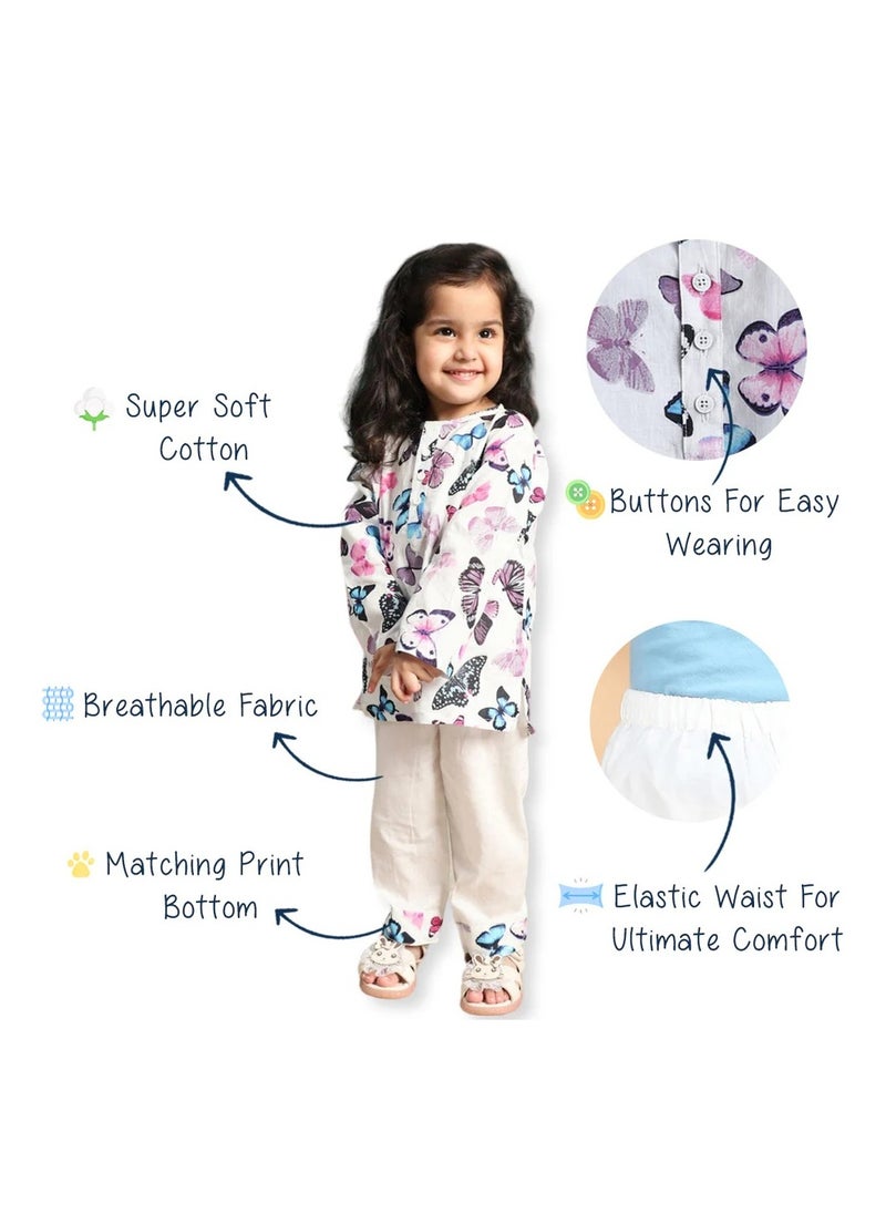 Polka Tots Polka Tots Full Sleeves Night Wear Butterfly Kurta Pyjama - White  - Image 5