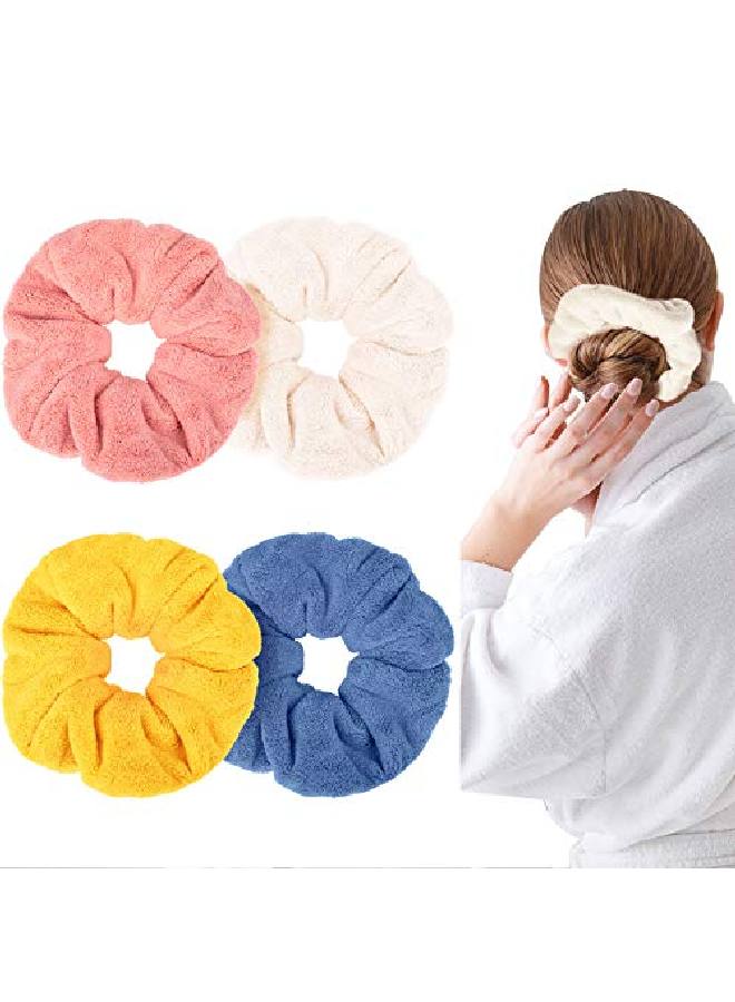 WILLBOND 4 Pieces Large Drying Scrunchies Microfiber Towel Hair Scrunchies Thick Soft Hair Scrunchies Fuzzy Scrunchy Ponytail Holder For Hair Light Bobbles Ropes Wet And Dry Hair Accessories (Classic Colors) - Image 1