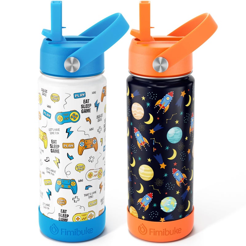 Fimibuke Kids Insulated Water Bottle, 18oz BPA FREE Kids Cups with Straw Double Wall Vacuum Tumbler 18/8 Stainless Steel Leak Proof Toddler Water Bottle for School Boys Girls (2 Pack, Game+Space) - Image 1