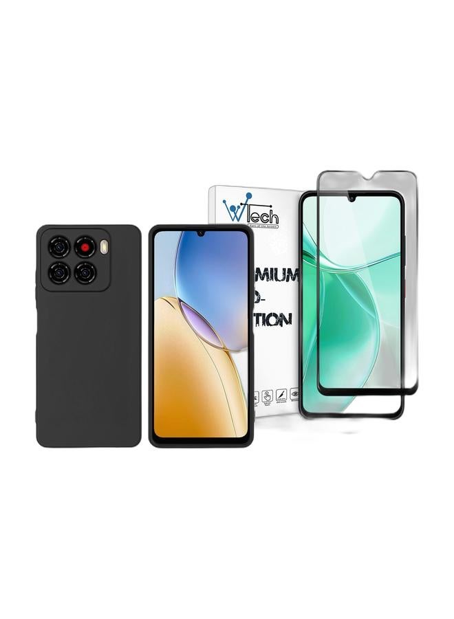 Wtech ZTE Blade A56 4G 2025 Premium Soft Liquid Silicone Case Cover (MCRPSN) - Black & ZTE Blade A35 4G 2024 / ZTE Blade A55 4G 2024 / ZTE Blade A36 4G 2025 / ZTE Blade A76 5G 2025 Premium E2E Series Full Glue Full Cover Tempered Glass Screen Protector (MSGECN) - Clear/Black Bundle - Image 1
