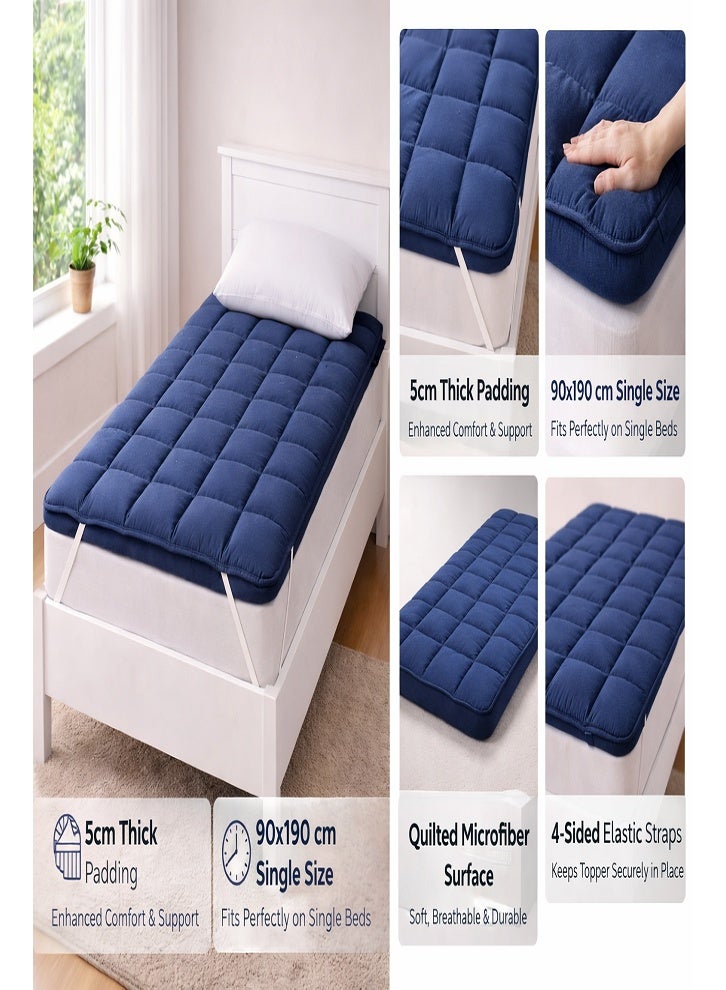 DORMICO Microfiber Mattress Topper 5cm Thick 90x190 cm Single Quilted Bed Topper with Elastic Straps Navy Blue - Image 2