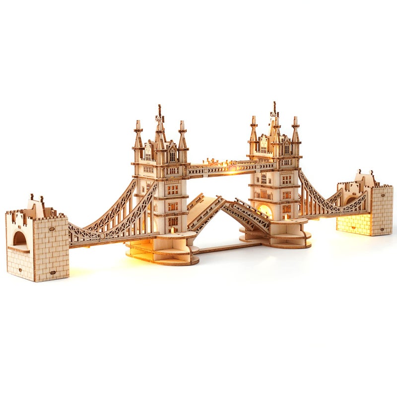 ROBOTIME 3D Puzzle Wooden Craft Kits with LED Light DIY Tower Bridge Construction Model Kit to Build for Teens Brain Teaser Puzzle Home Decor Birthday Gifts - Image 1