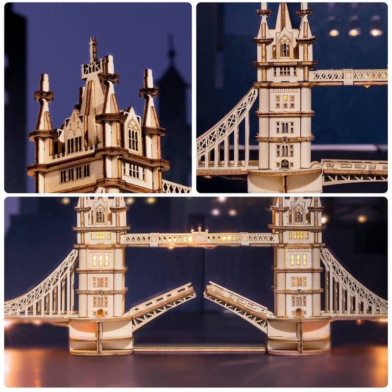 ROBOTIME 3D Puzzle Wooden Craft Kits with LED Light DIY Tower Bridge Construction Model Kit to Build for Teens Brain Teaser Puzzle Home Decor Birthday Gifts - Image 4