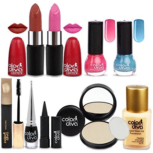 Color Diva Makeup Combo Included 2 Lipstick, 2 Nail Paint, 1 Mascara, 1 Kajal, 1 Compact, 1 Foundation, 1 Eyeliner | Full Coverage, Smooth Finish & Vibrant Kit For Women - Image 1