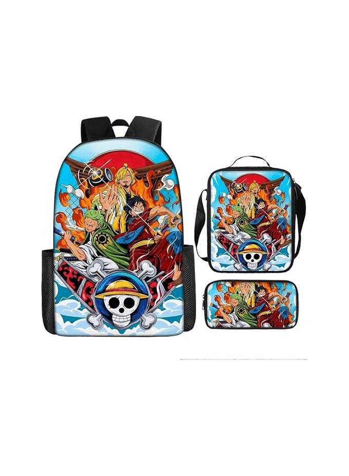 General 3 PCS Anime One Piece Luffy Cosplay Backpack Set Fashion Large Capacity Shoulder Bag with Lunch Bag Pencil Case School Bag Bookbag  - Image 1