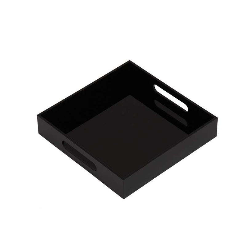 KEVLANG Glossy Black Sturdy Acrylic Serving Tray with Handles10x10InchServing CoffeeFoodBreakfastButlerKitchen Countertop TrayMakeup Drawer OrganizerVanity TableOttoman TrayDecorative Tray