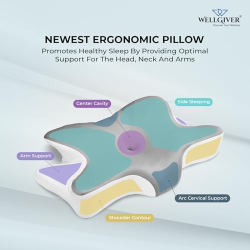 WELLGIVER Cervical Butterfly Pillow | Orthopedic Memory Foam for Neck & Shoulder Pain | Ergonomic Contour Design | Dual Height Support | Side Sleeper Pillow with Arm Rest - Pack of 1 - Image 2