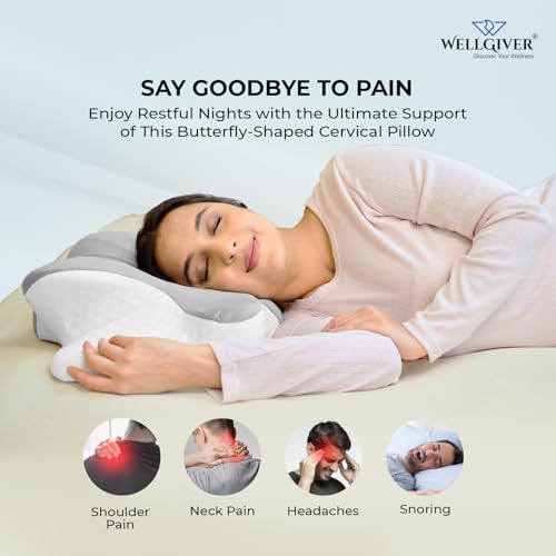 WELLGIVER Cervical Butterfly Pillow | Orthopedic Memory Foam for Neck & Shoulder Pain | Ergonomic Contour Design | Dual Height Support | Side Sleeper Pillow with Arm Rest - Pack of 1 - Image 4