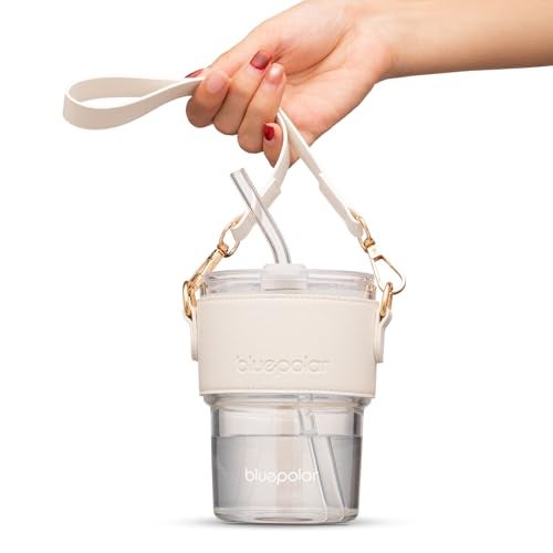 BLUEPOLAR 13oz/400ml Glass Water Tumbler with Straw and Lid Sealed Carry on Thick Wall Iced Coffee Cup for Water, Iced Tea, Fruit Juice (White with Sleeve and Strap) - Image 1