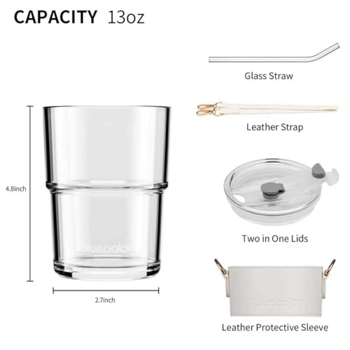 BLUEPOLAR 13oz/400ml Glass Water Tumbler with Straw and Lid Sealed Carry on Thick Wall Iced Coffee Cup for Water, Iced Tea, Fruit Juice (White with Sleeve and Strap) - Image 4
