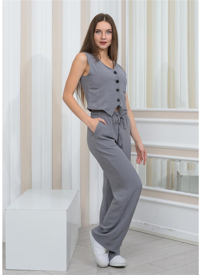Nuseel - Women's Linen Fabric Vested Two Piece Suit Gray - Image 1