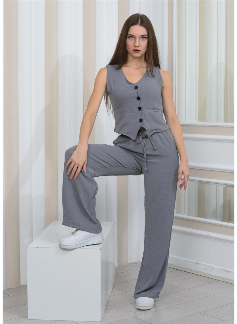 Nuseel - Women's Linen Fabric Vested Two Piece Suit Gray - Image 1