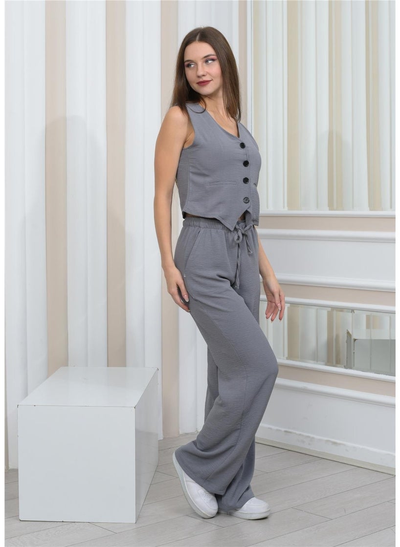 Nuseel - Women's Linen Fabric Vested Two Piece Suit Gray - Image 1