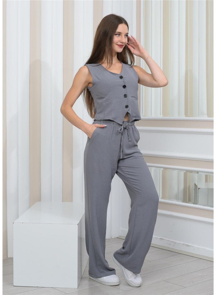 Nuseel - Women's Linen Fabric Vested Two Piece Suit Gray - Image 1