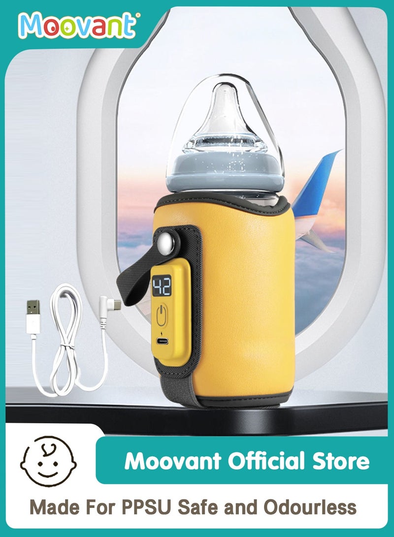 Moovant Portable Bottle Warmer with LCD Display, USB Rechargeable, Constant Temperature,  Bottle Warmer with Five Gear Adjustable Fast Heating for Breastmilk, Warm Milk Sleeve for Night FeedingTravel Daily Use Yellow - Image 1