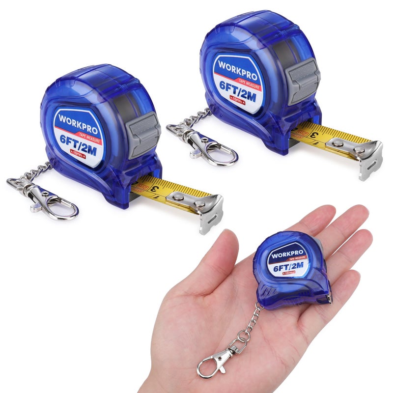 WORKPRO Mini Tape Measure, 2 Pcs 6FT Retractable Easy Reading Keychain Tape Measurement, Inch/Metric Scale Pocket Size Small Tape Measure for Engineer, Portable, ABS Protective Casing, Blue - Image 1