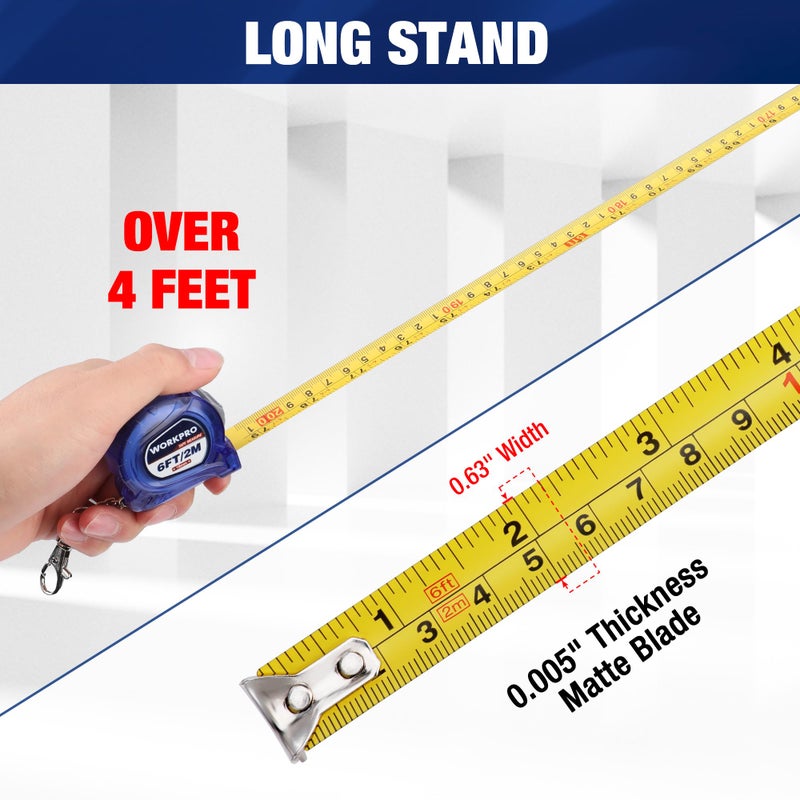 WORKPRO Mini Tape Measure, 2 Pcs 6FT Retractable Easy Reading Keychain Tape Measurement, Inch/Metric Scale Pocket Size Small Tape Measure for Engineer, Portable, ABS Protective Casing, Blue - Image 3