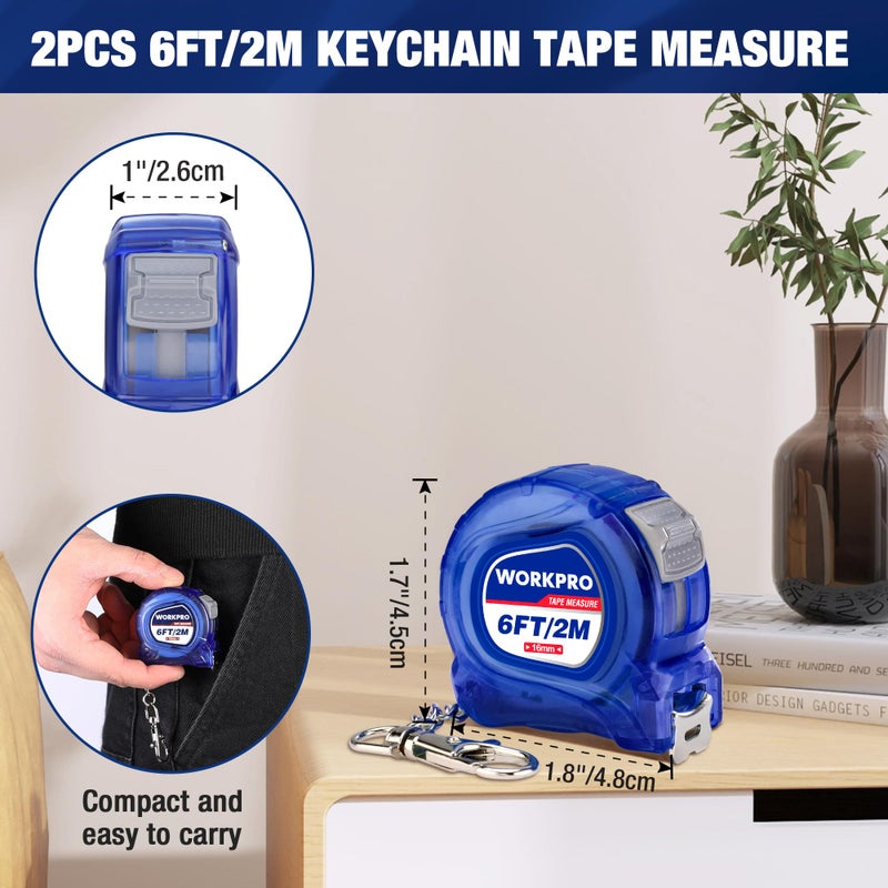 WORKPRO Mini Tape Measure, 2 Pcs 6FT Retractable Easy Reading Keychain Tape Measurement, Inch/Metric Scale Pocket Size Small Tape Measure for Engineer, Portable, ABS Protective Casing, Blue - Image 2