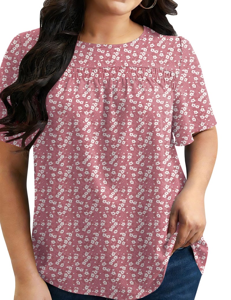 Micoson Womens Plus Size Tops Short Sleeve Business Casual Chiffon Blouses Loose Flowy Pleated Tunic Shirts,Pink Floral 2XL - Image 1