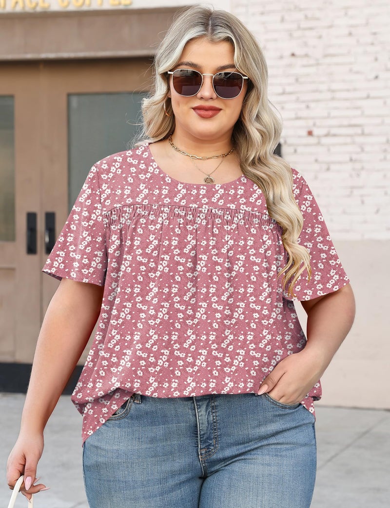 Micoson Womens Plus Size Tops Short Sleeve Business Casual Chiffon Blouses Loose Flowy Pleated Tunic Shirts,Pink Floral 2XL - Image 4