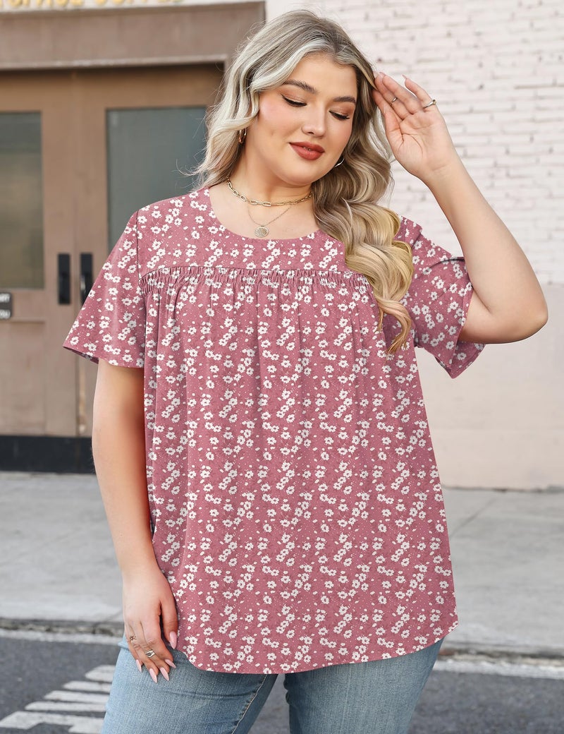 Micoson Womens Plus Size Tops Short Sleeve Business Casual Chiffon Blouses Loose Flowy Pleated Tunic Shirts,Pink Floral 2XL - Image 5