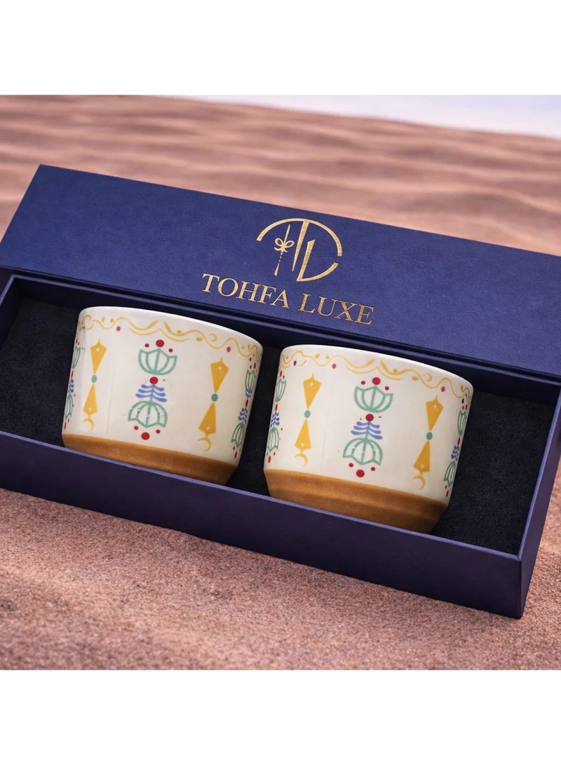 Tohfa Luxe Tohfa Luxe Ruh Ceramic Cup Gift Set of 2 – Colorful Arabic Print – Handcrafted Middle Eastern Coffee & Tea Cups – Premium Gift-Ready Box