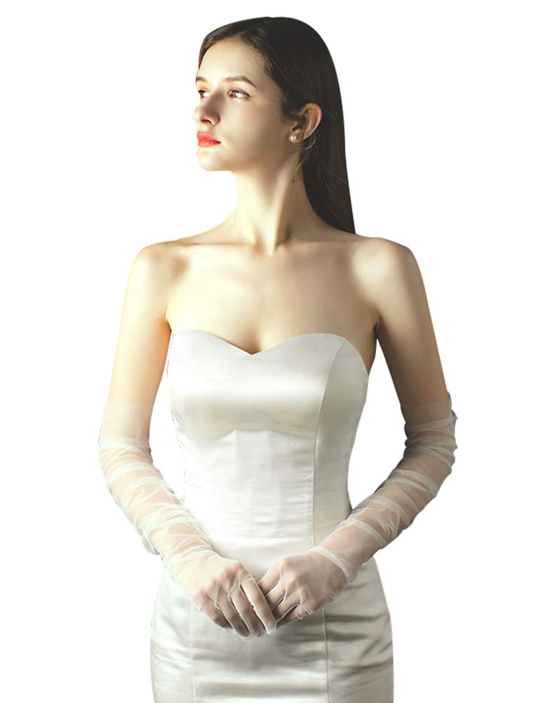 QRBTSCL Women's Tulle long Wedding Bridal Glove Long Opera Party Gloves 27" Elbow Length Sheer Gloves Ivory - Image 1