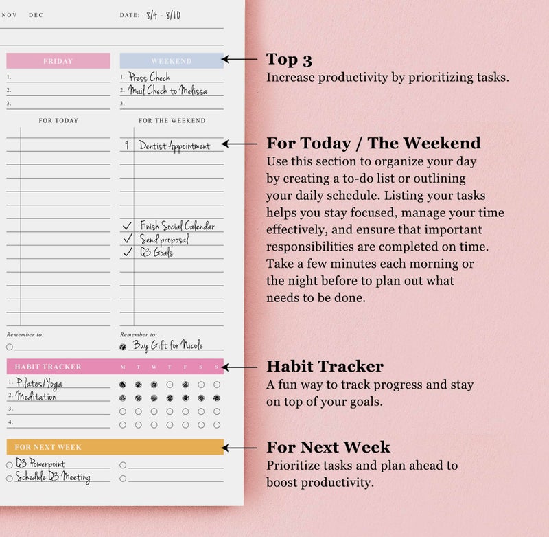 ThreeKin Collective ThreeKin Weekly Planner - Premium 52-Sheet Tear-Off Notepad, 8.5 x 11 inches, Clean Colorful Design, Perfect for Work, School, Projects, and Entrepreneurs, Female & USA Owned Business - Image 4