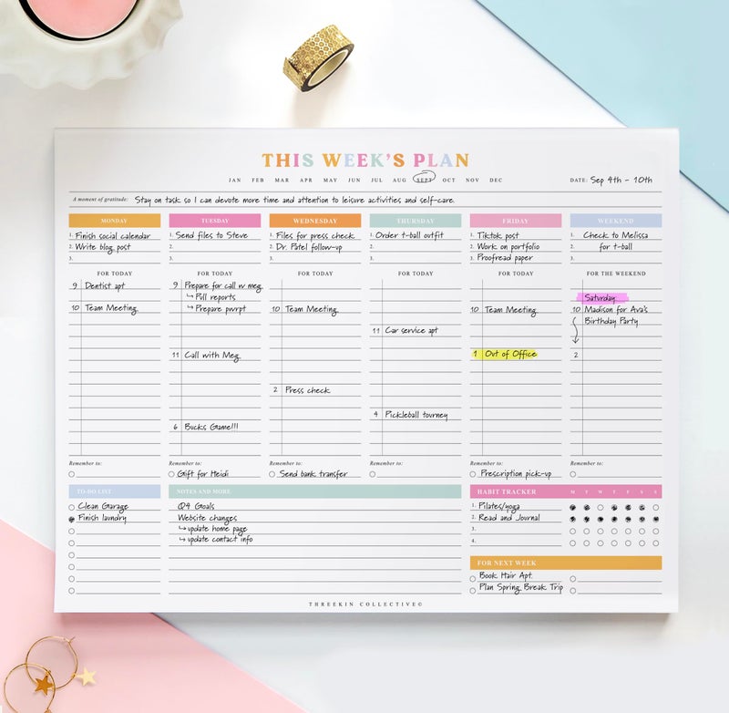 ThreeKin Collective ThreeKin Weekly Planner - Premium 52-Sheet Tear-Off Notepad, 8.5 x 11 inches, Clean Colorful Design, Perfect for Work, School, Projects, and Entrepreneurs, Female & USA Owned Business - Image 1