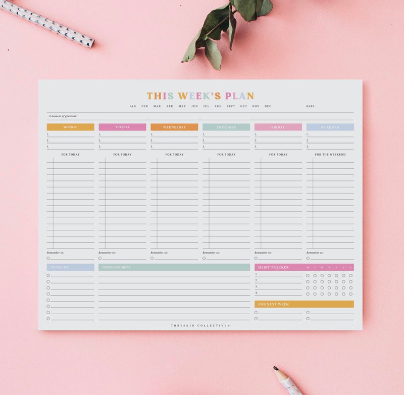 ThreeKin Collective ThreeKin Weekly Planner - Premium 52-Sheet Tear-Off Notepad, 8.5 x 11 inches, Clean Colorful Design, Perfect for Work, School, Projects, and Entrepreneurs, Female & USA Owned Business - Image 2