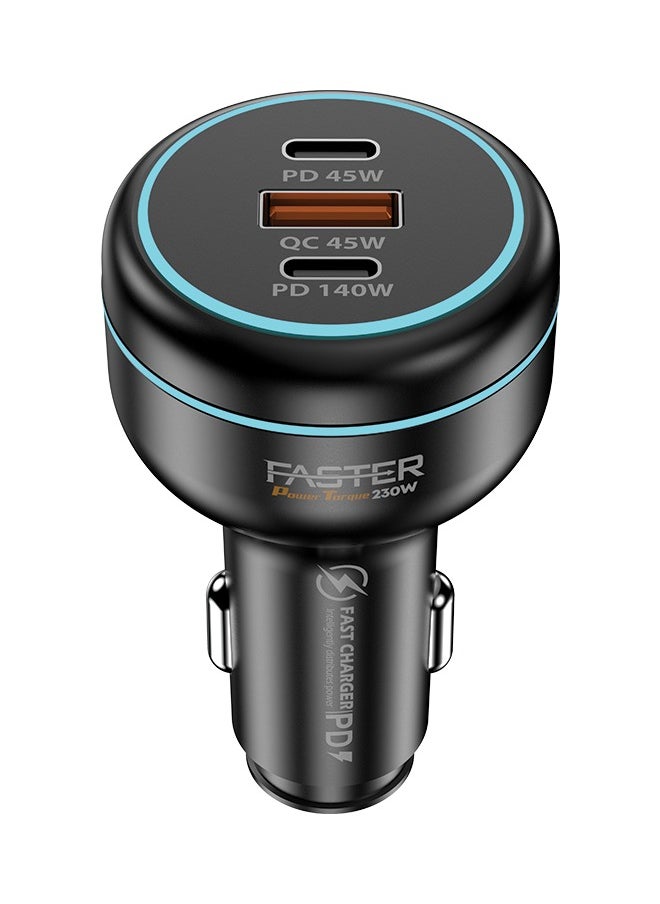 Faster Power Torque 230W Car Charger- 3 Ports USB Car Charger PD45W, QC45W, PD140W- Fast Charging Triple Power Delivery USB-A Output 45W, USB-C Outputs 45W & 140W, Heat Resistant, Surge Protection 100W PD Included Compatible iphones, MacBooks & Androids, Travel Essential Super Fast Mobile Phone Adapter  - Image 1