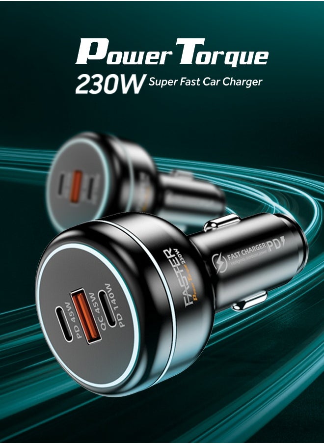 Faster Power Torque 230W Car Charger- 3 Ports USB Car Charger PD45W, QC45W, PD140W- Fast Charging Triple Power Delivery USB-A Output 45W, USB-C Outputs 45W & 140W, Heat Resistant, Surge Protection 100W PD Included Compatible iphones, MacBooks & Androids, Travel Essential Super Fast Mobile Phone Adapter  - Image 3