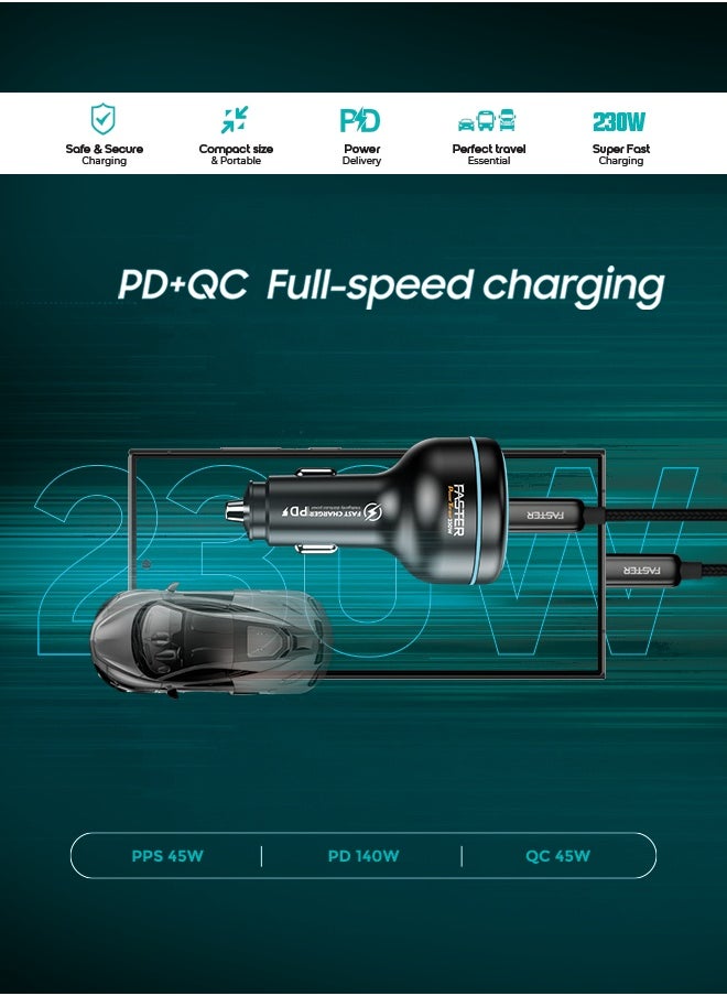 Faster Power Torque 230W Car Charger- 3 Ports USB Car Charger PD45W, QC45W, PD140W- Fast Charging Triple Power Delivery USB-A Output 45W, USB-C Outputs 45W & 140W, Heat Resistant, Surge Protection 100W PD Included Compatible iphones, MacBooks & Androids, Travel Essential Super Fast Mobile Phone Adapter  - Image 4