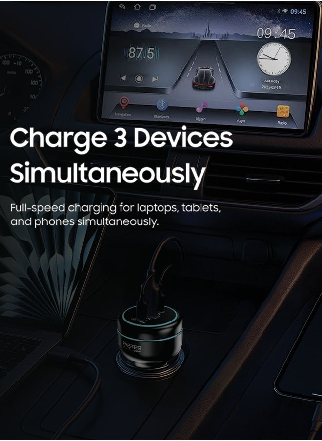 Faster Power Torque 230W Car Charger- 3 Ports USB Car Charger PD45W, QC45W, PD140W- Fast Charging Triple Power Delivery USB-A Output 45W, USB-C Outputs 45W & 140W, Heat Resistant, Surge Protection 100W PD Included Compatible iphones, MacBooks & Androids, Travel Essential Super Fast Mobile Phone Adapter  - Image 2
