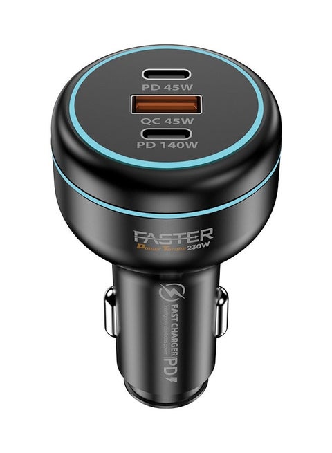 Power Torque 230W Car Charger- 3 Ports USB Car Charger PD45W, QC45W, PD140W- Fast Charging Triple Power Delivery USB-A Output 45W, USB-C Outputs 45W & 140W, Heat Resistant, Surge Protection 100W PD Included Compatible iphones, MacBooks & Androids, Travel Essential Super Fast Mobile Phone Adapter